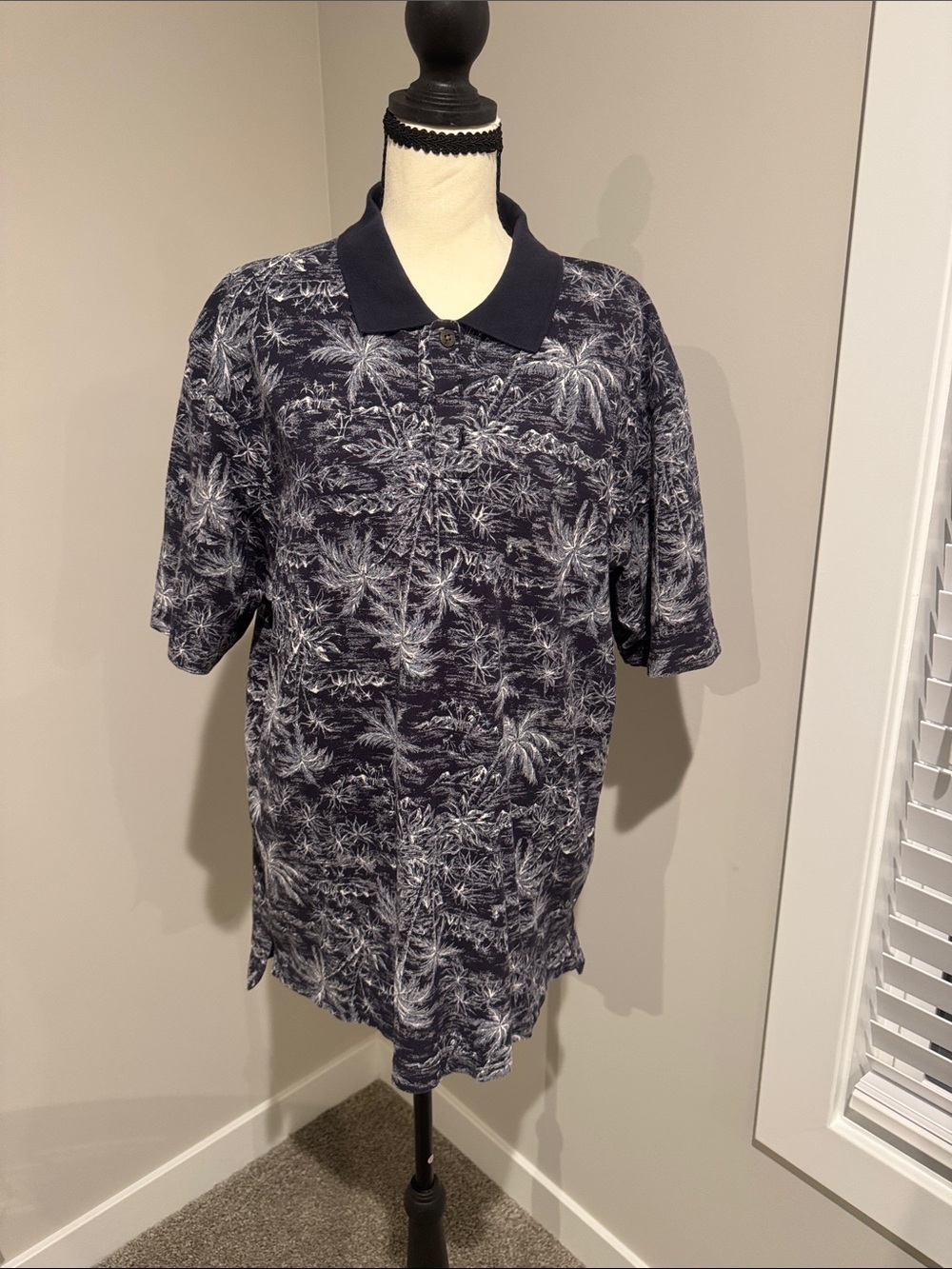 Eddie Bauer Navy and White Tropical-Print Polo NWOT